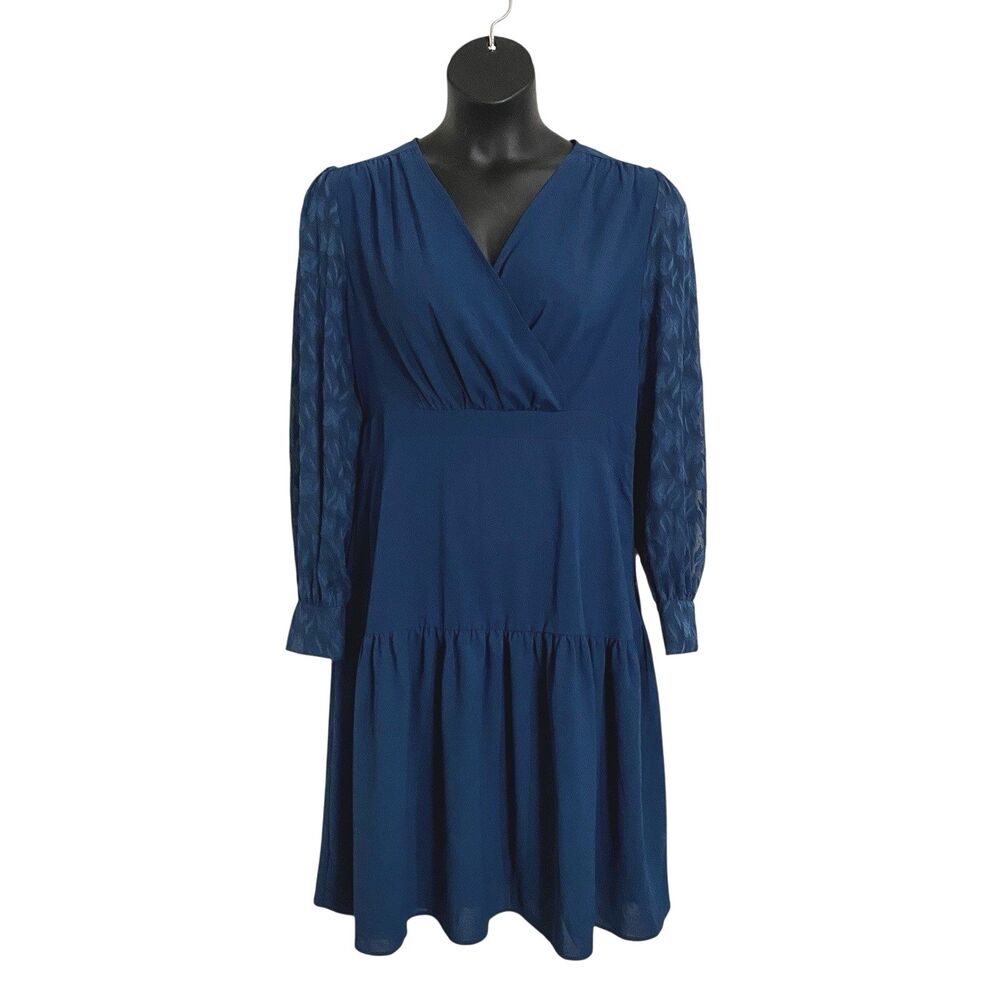 Grace Karin Dress Womens L 12 14 Teal Blue V-Neck Long Sleeve Fit & Flare A-Line